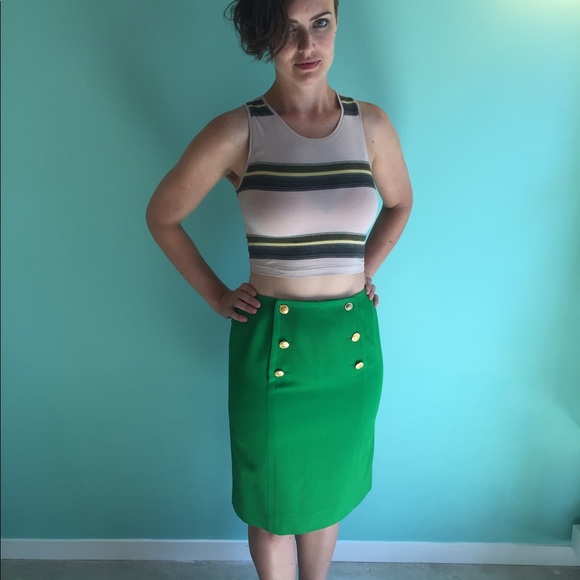 Vintage Kelly Green Celine Skirt with Gold Buttons - Picture 5 of 14